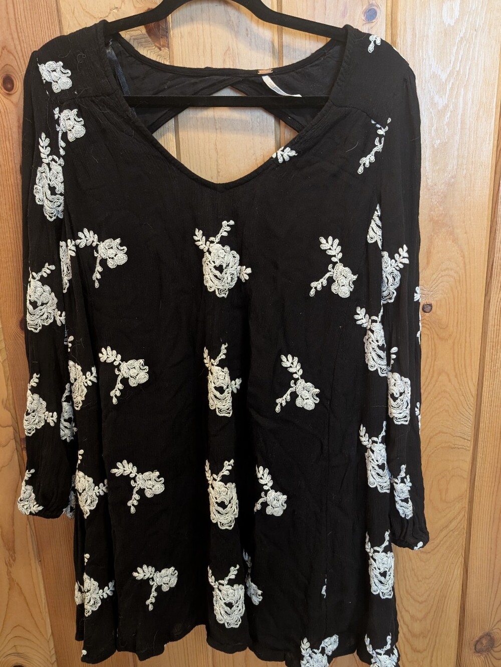 Free People Black Tunic with White Floral Embroidery